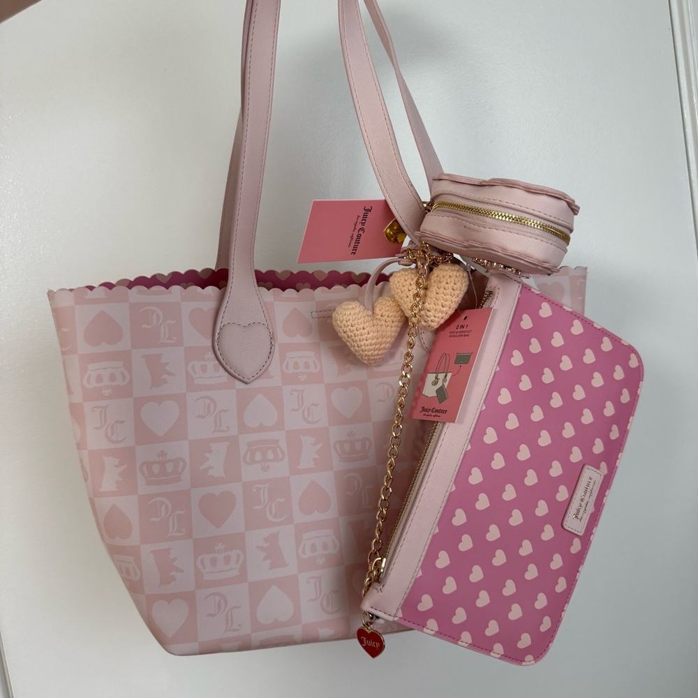 Juicy Couture Pink Tote Bag Set Heart Wristlet Charm JC Print NWT